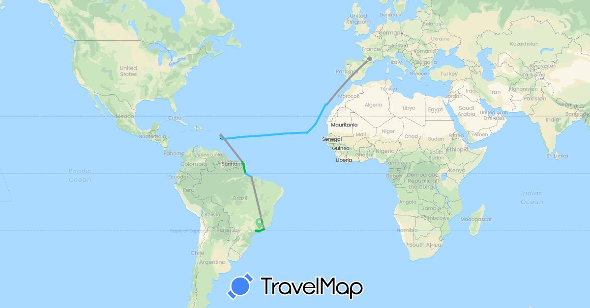 TravelMap itinerary: driving, bus, plane, boat in Brazil, Cape Verde, Spain, France (Africa, Europe, South America)